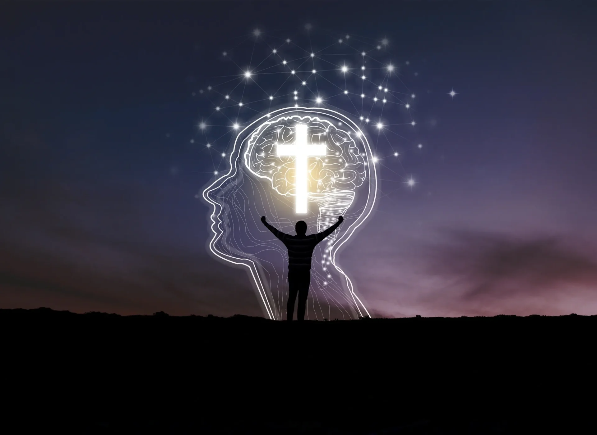 A person standing in front of a head with a cross on it.